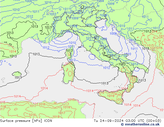 Surface pressure ICON Tu 24.09.2024 03 UTC