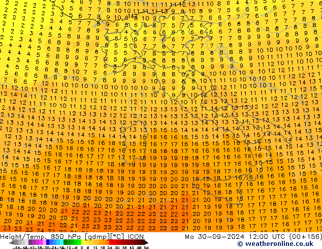 Height/Temp. 850 гПа ICON пн 30.09.2024 12 UTC