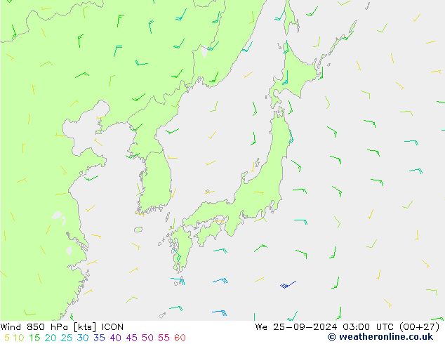 Viento 850 hPa ICON mié 25.09.2024 03 UTC