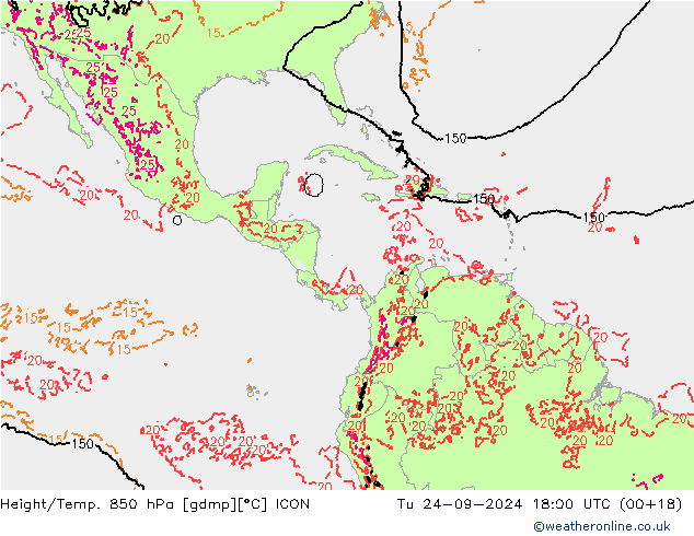 Height/Temp. 850 hPa ICON Út 24.09.2024 18 UTC