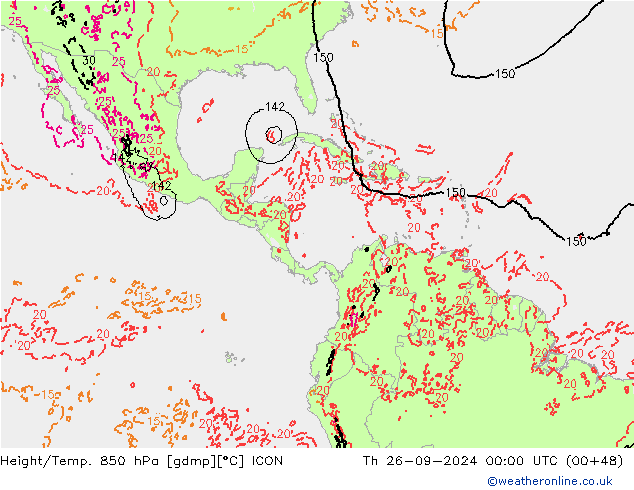 Height/Temp. 850 hPa ICON gio 26.09.2024 00 UTC