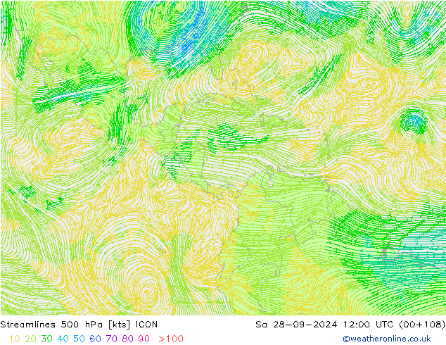 Linea di flusso 500 hPa ICON sab 28.09.2024 12 UTC