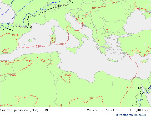 Atmosférický tlak ICON St 25.09.2024 09 UTC