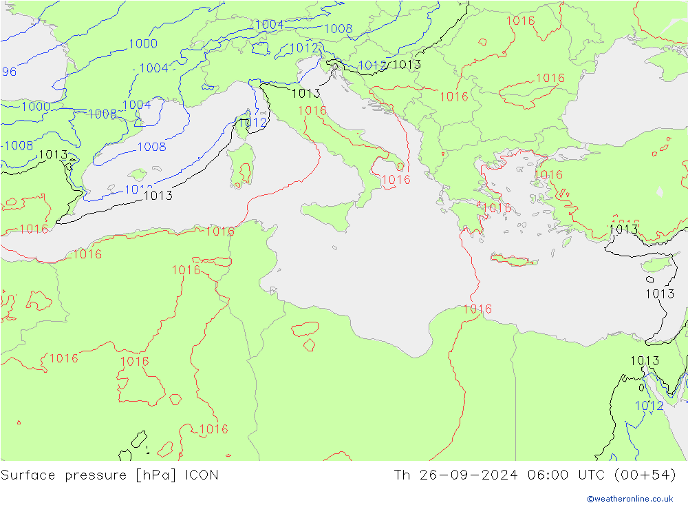 Pressione al suolo ICON gio 26.09.2024 06 UTC