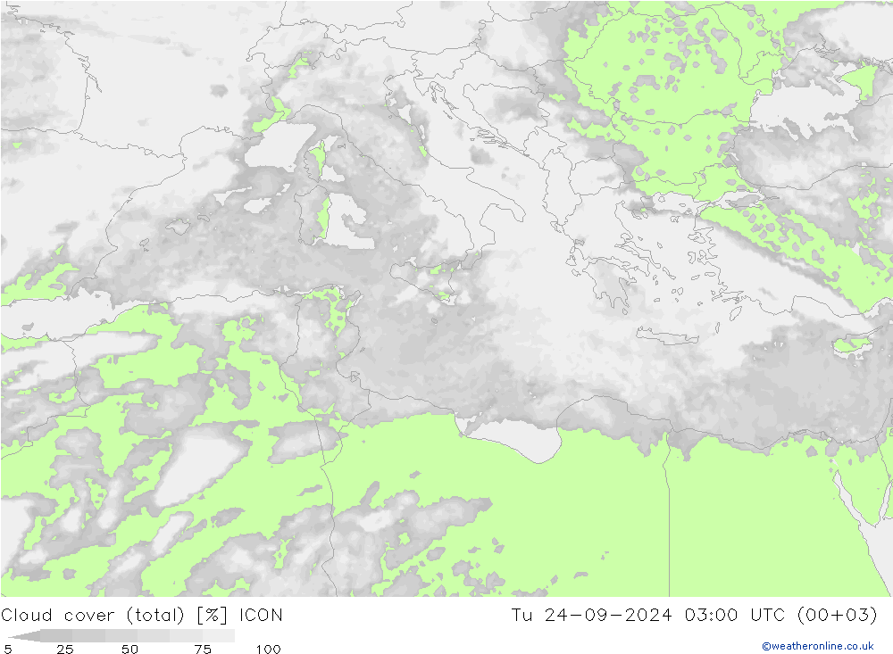 zachmurzenie (suma) ICON wto. 24.09.2024 03 UTC