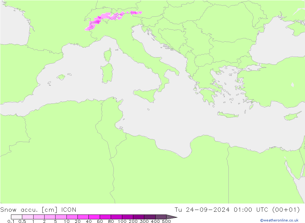 Глубина снега ICON вт 24.09.2024 01 UTC