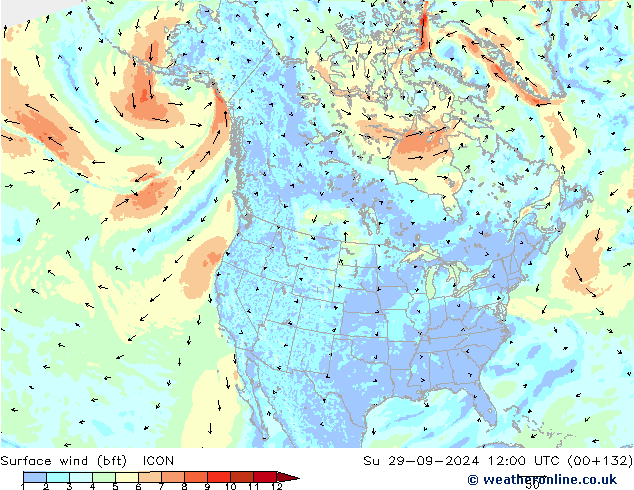 Surface wind (bft) ICON Su 29.09.2024 12 UTC