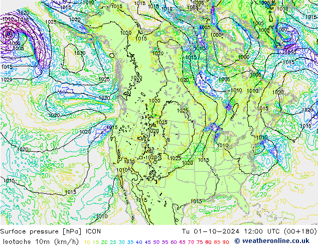 Isotachs (kph) ICON Tu 01.10.2024 12 UTC