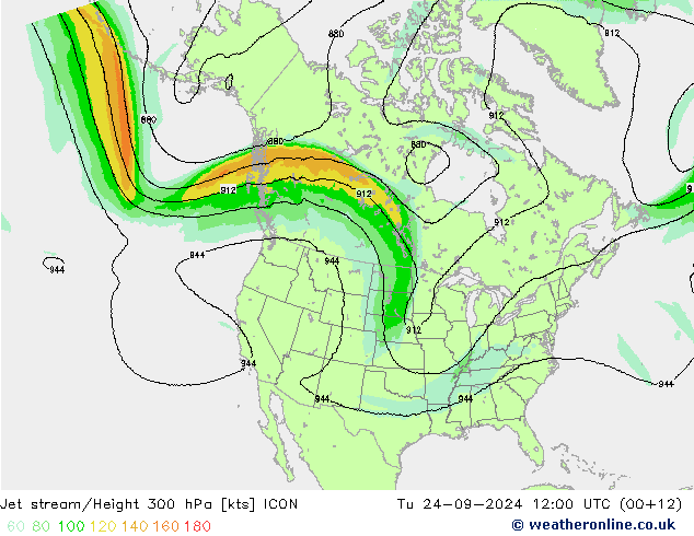 Jet stream/Height 300 hPa ICON Tu 24.09.2024 12 UTC