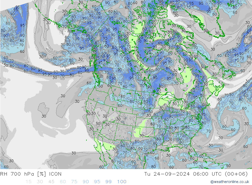 RH 700 hPa ICON 星期二 24.09.2024 06 UTC