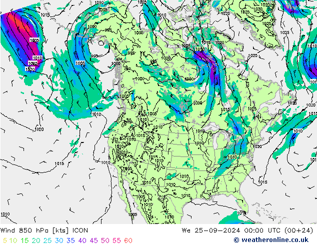 Wind 850 hPa ICON We 25.09.2024 00 UTC