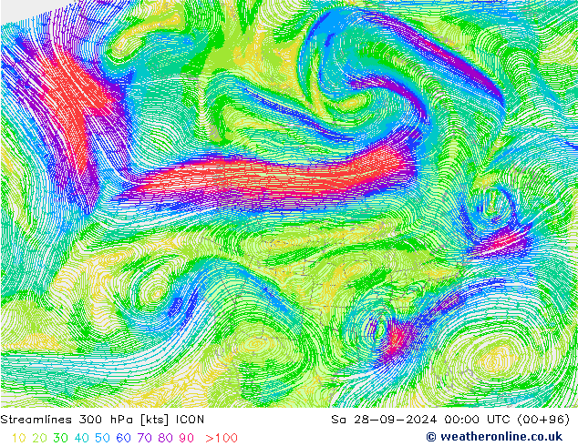 ветер 300 гПа ICON сб 28.09.2024 00 UTC