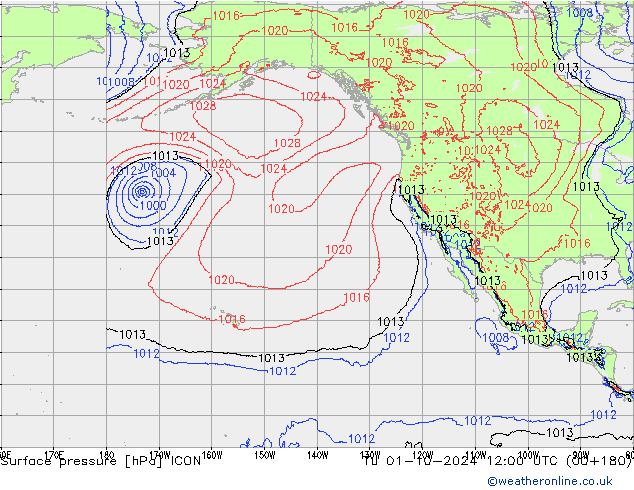 Surface pressure ICON Tu 01.10.2024 12 UTC