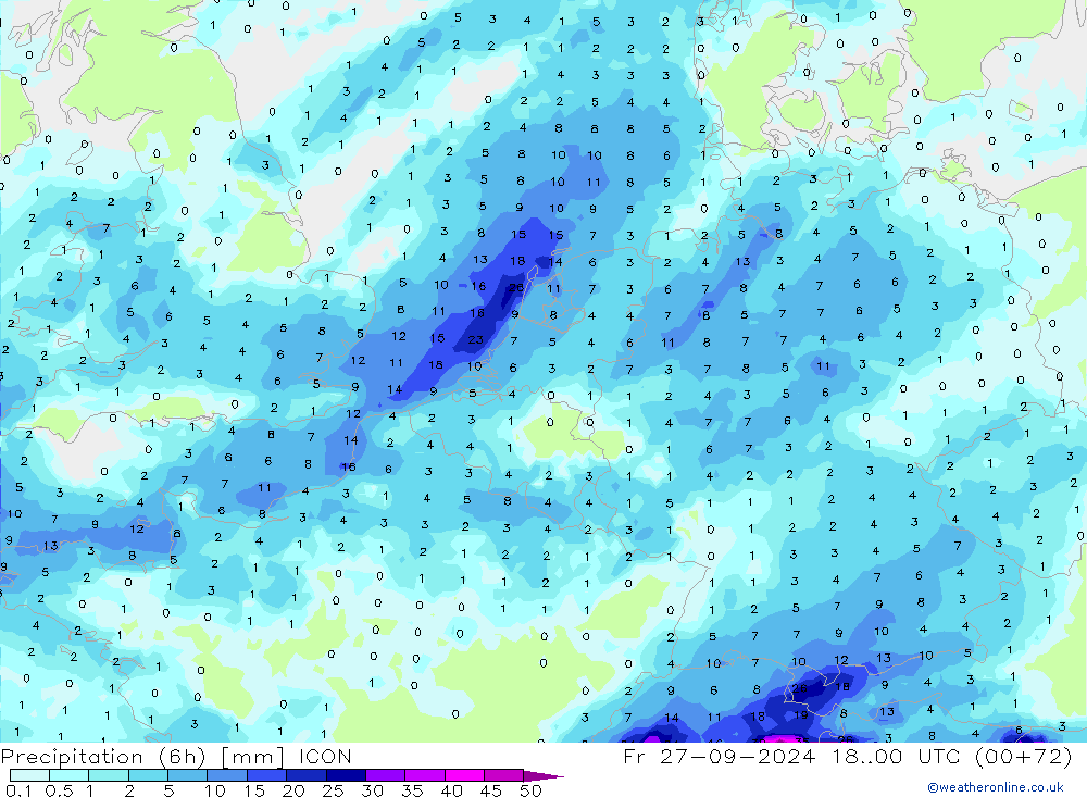 Totale neerslag (6h) ICON vr 27.09.2024 00 UTC
