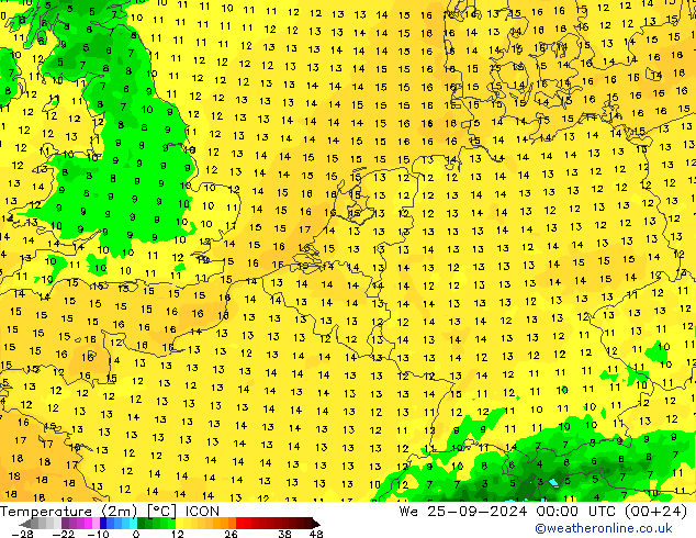 Temperature (2m) ICON We 25.09.2024 00 UTC