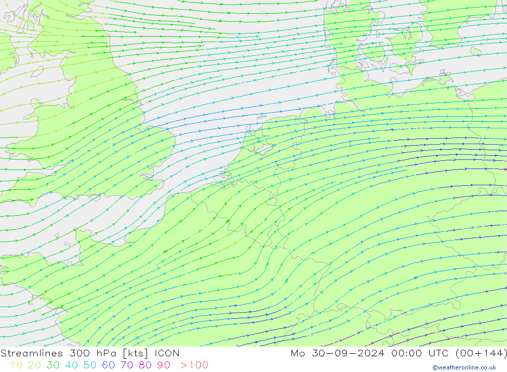 Streamlines 300 hPa ICON Mo 30.09.2024 00 UTC