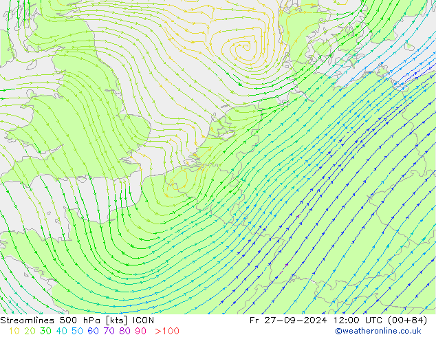 Línea de corriente 500 hPa ICON vie 27.09.2024 12 UTC