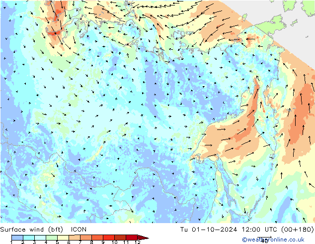 Rüzgar 10 m (bft) ICON Sa 01.10.2024 12 UTC