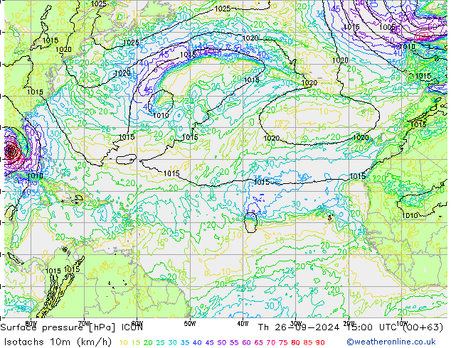 Isotachs (kph) ICON Th 26.09.2024 15 UTC