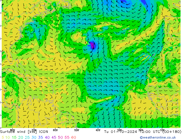 Surface wind ICON Tu 01.10.2024 12 UTC