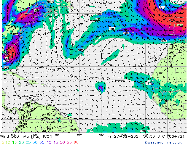 Wind 500 hPa ICON Fr 27.09.2024 00 UTC