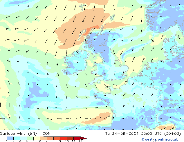 Rüzgar 10 m (bft) ICON Sa 24.09.2024 03 UTC
