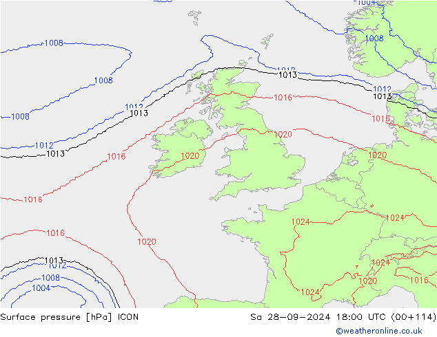 Atmosférický tlak ICON So 28.09.2024 18 UTC