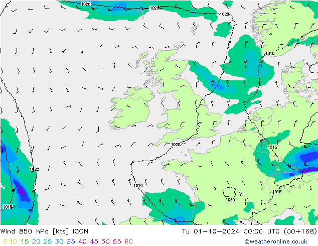 Wind 850 hPa ICON Tu 01.10.2024 00 UTC