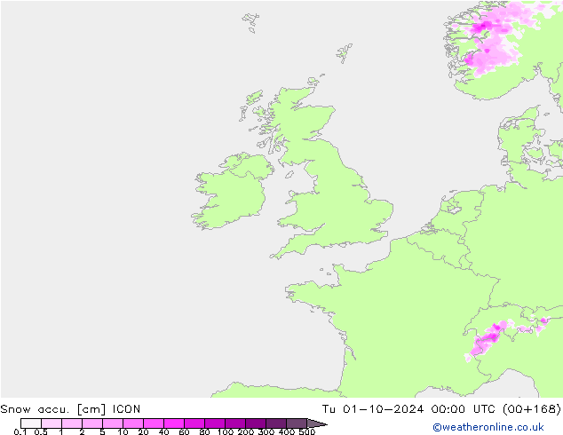 Snow accu. ICON Tu 01.10.2024 00 UTC