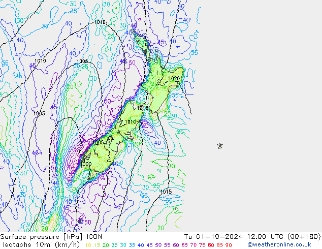 Isotachs (kph) ICON Tu 01.10.2024 12 UTC