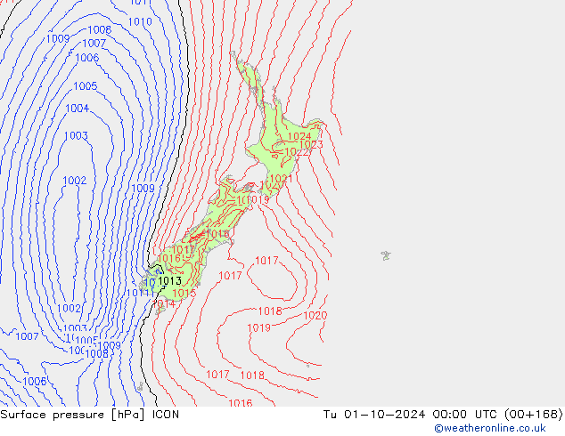 Surface pressure ICON Tu 01.10.2024 00 UTC