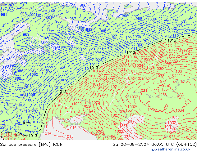 pression de l'air ICON sam 28.09.2024 06 UTC