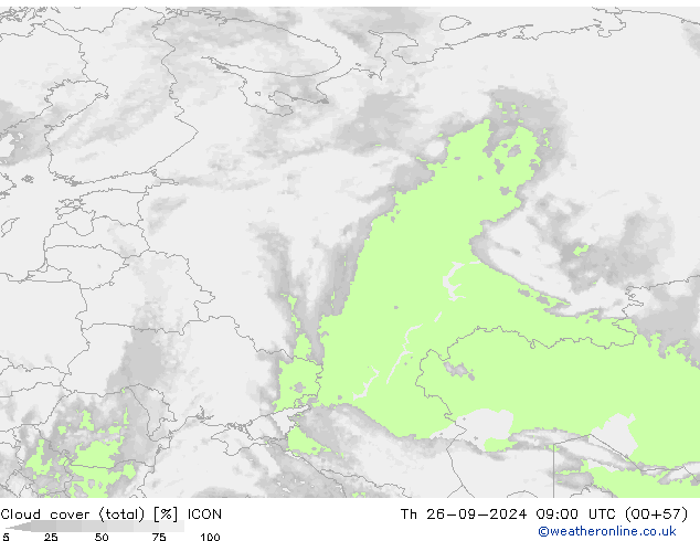 Cloud cover (total) ICON Čt 26.09.2024 09 UTC