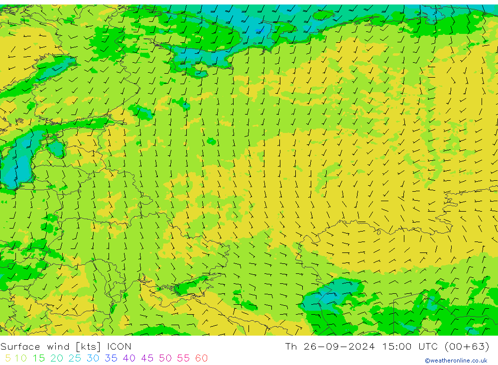 Viento 10 m ICON jue 26.09.2024 15 UTC