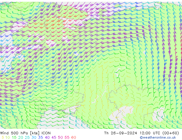 wiatr 500 hPa ICON czw. 26.09.2024 12 UTC