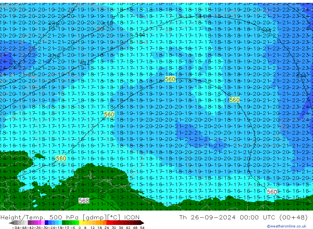 Height/Temp. 500 hPa ICON Čt 26.09.2024 00 UTC