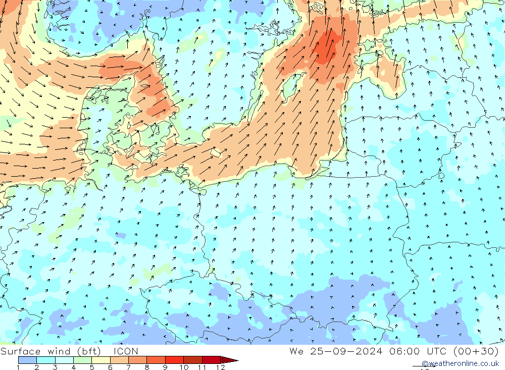 Surface wind (bft) ICON We 25.09.2024 06 UTC