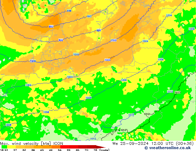 Max. wind velocity ICON mer 25.09.2024 12 UTC