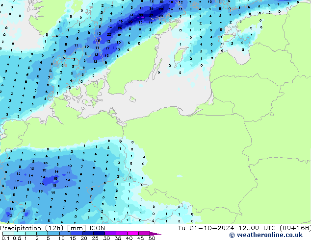 Precipitation (12h) ICON Tu 01.10.2024 00 UTC