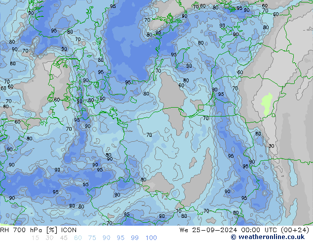 RH 700 hPa ICON śro. 25.09.2024 00 UTC