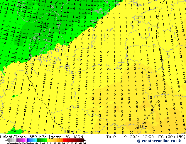 Yükseklik/Sıc. 850 hPa ICON Sa 01.10.2024 12 UTC