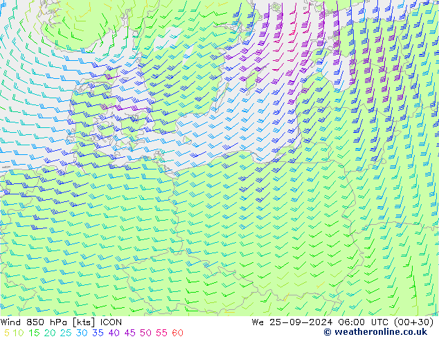 wiatr 850 hPa ICON śro. 25.09.2024 06 UTC