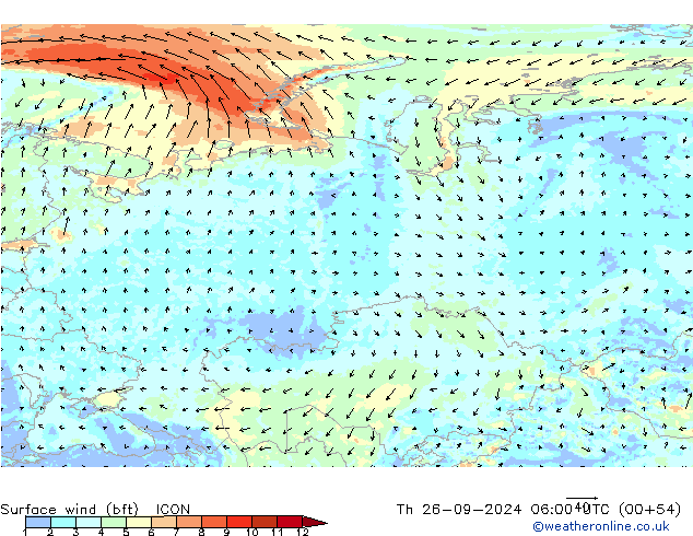 Viento 10 m (bft) ICON jue 26.09.2024 06 UTC