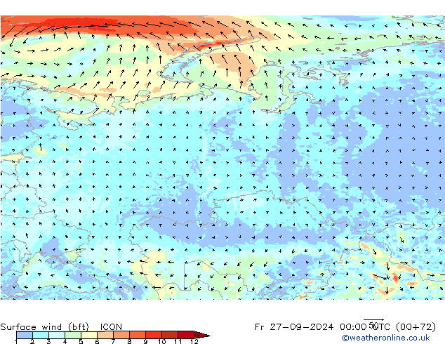 Surface wind (bft) ICON Fr 27.09.2024 00 UTC