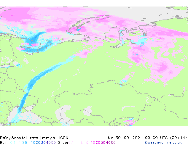 Rain/Snowfall rate ICON pon. 30.09.2024 00 UTC