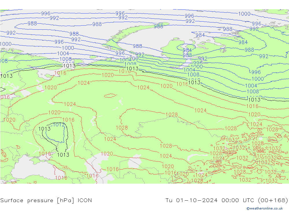 Surface pressure ICON Tu 01.10.2024 00 UTC