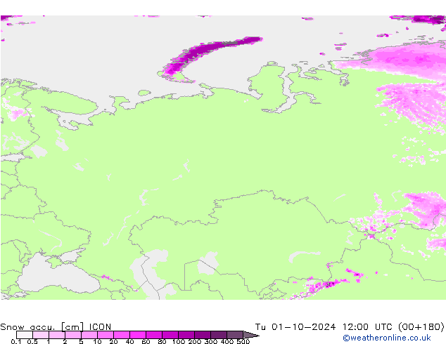 Totale sneeuw ICON di 01.10.2024 12 UTC