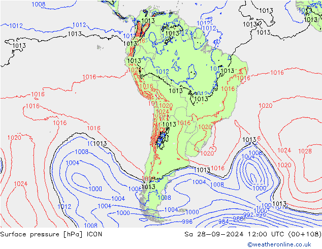 Presión superficial ICON sáb 28.09.2024 12 UTC