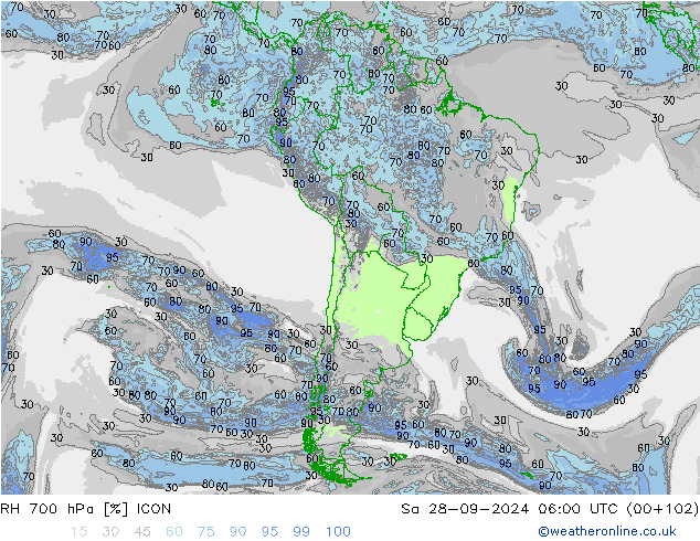 RH 700 hPa ICON Sáb 28.09.2024 06 UTC