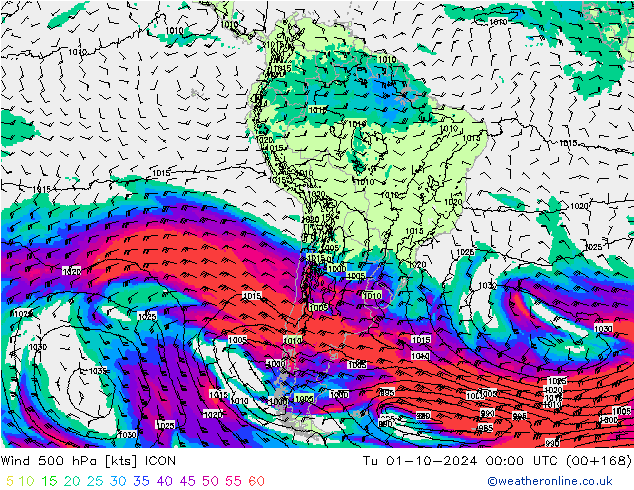 Wind 500 hPa ICON Tu 01.10.2024 00 UTC